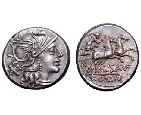 L. Saufeius AR Denarius. Rome, 152 BC. Head of Roma right, wearing winged helmet ornamented with griffin’s head; X behind / V