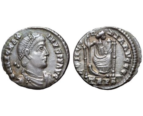 Magnus Maximus AR Siliqua. Treveri, AD 383-388. D N MAG MAXIMVS P F AVG, pearl-diademed, draped, and cuirassed bust right / C