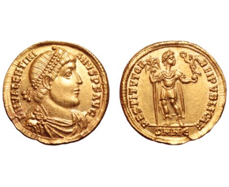 Valentinian I AV Solidus. Nicomedia, AD 364. D N VALENTINIANVS P F AVG, pearl-diademed, draped and cuirassed bust right / RES