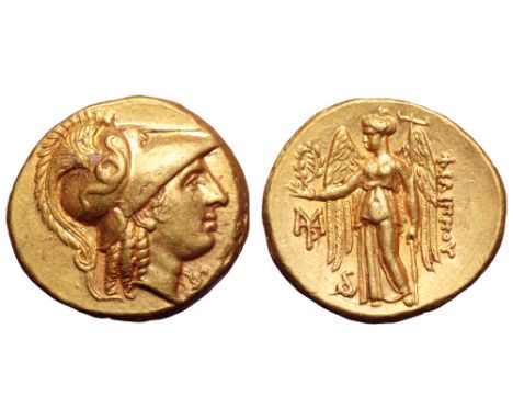 Kingdom of Macedon, Philip III AV Stater. Abydos, circa 323-317 BC. Head of Athena right, wearing crested Corinthian helmet d