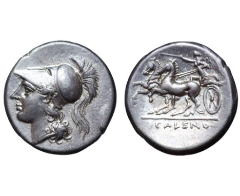 Campania, Cales AR Stater. Circa 265-240 BC. Head of Athena left, wearing crested Corinthian helmet / Nike in biga galloping 