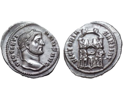 Diocletian AR Argenteus. Ticinum, circa AD 294. DIOCLETIANVS AVG, laureate head right / VIRTVS MILITVM, the four tetrarchs sa