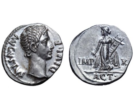 Augustus AR Denarius. Lugdunum, 15 BC. AVGVSTVS DIVI•F, bare head right / IMP X flanking Apollo Citharoedus of Actium, standi