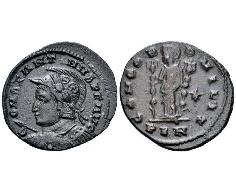 Constantine I BI Nummus. London, circa AD 311-312. CONSTANTINVS P F AVG, laureate, helmeted and cuirassed bust left, holding 