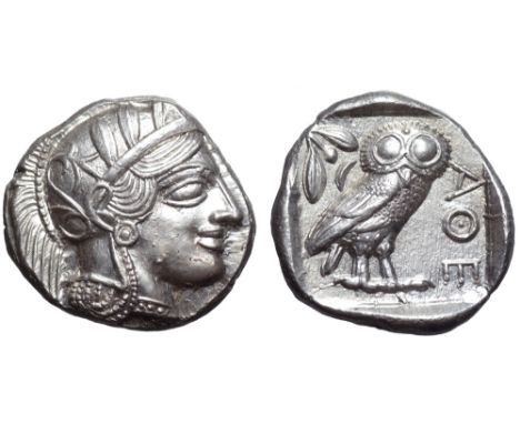 Attica, Athens AR Tetradrachm. Circa 454-404 BC. Head of Athena right, wearing earring, necklace, and crested Attic helmet de