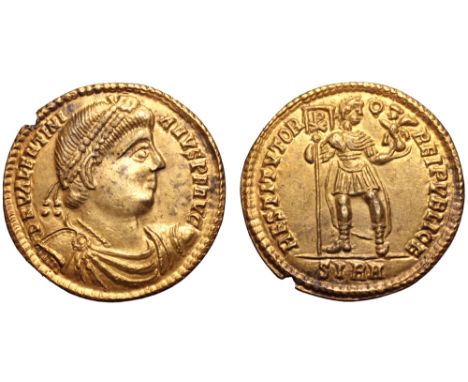 Valentinian I Fourrée Solidus. Contemporary imitation of Sirmium, circa AD 364. D N VALENTINIANVS P F AVG, pearl-diademed, dr