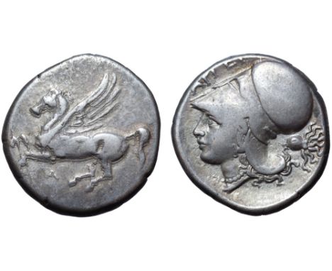 Akarnania, Argos Amphilochikon AR Stater. Circa 340-300 BC. Pegasos flying left; A below / Head of Athena left, wearing Corin