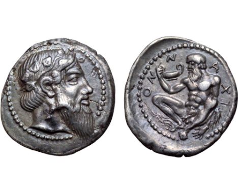 Sicily, Naxos AR Drachm. Circa 460-430 BC. Bearded head of Dionysos right, wearing tainia decorated with an ivy branch / Nude