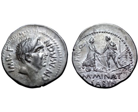 Cnaeus Pompeius Junior and M. Minatius Sabinus AR Denarius. Corduba, 46-45 BC. CN•MAGN IMP•F, head of Cnaeus Pompeius Magnus 