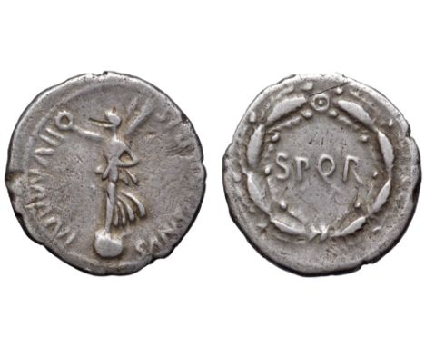 Civil War, Vindex AR Denarius. Uncertain mint in Gaul, AD 68. SALVS GENERIS HVMANI, Victory standing to left on globe, holdin