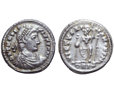 Theodosius I AR Siliqua. Treveri, AD 378-388. D N THEODOSIVS P F AVG, pearl-diademed, draped and cuirassed bust right / VIRTV