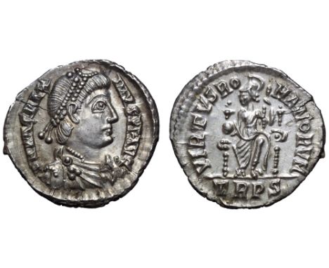 Magnus Maximus AR Siliqua. Treveri, AD 383-388. D N MAG MAXIMVS P F AVG, pearl-diademed, draped and cuirassed bust right / VI