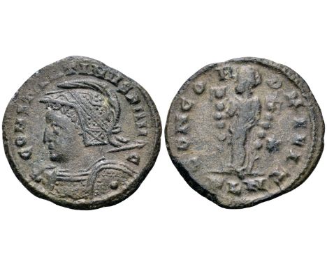 Constantine I BI Nummus. London, circa AD 311-312. CONSTANTINVS P AV-G, diademed, helmeted and cuirassed bust left, holding s