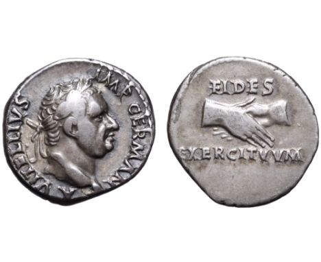 Vitellius AR Denarius. Tarraco, AD 69. A VITELLIVS IMP GERMAN, laureate head right; [globe at point of bust] / FIDES EXERCITV