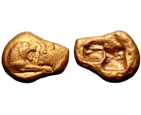 Kingdom of Lydia, Kroisos AV Stater. Heavy series. Sardes, circa 564/53-550/39 BC. Confronted foreparts of lion and bull / Tw