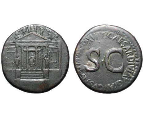 Tiberius Æ Sestertius. Rome, AD 35-36. The Temple of Concordia: Concordia seated left on throne, holding patera and sceptre, 