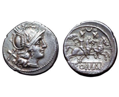 Anonymous AR Denarius. Rome, 207 BC. Head of Roma right, wearing winged helmet ornamented with griffin's head; X behind / The