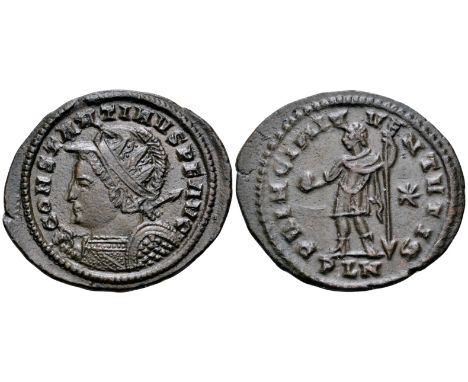 Constantine I BI Nummus. London, circa AD 311-312. CONSTANTINVS P F AVG, radiate, helmeted and cuirassed bust left, holding s