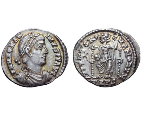 Magnus Maximus AR Siliqua. Treveri, AD 383-388. D N MAG MAXIMVS P F AVG, pearl-diademed, draped and cuirassed bust right / VI