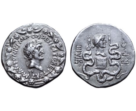 Marc Antony and Octavia AR Cistophoric Tetradrachm. Ephesus, 39 BC. M•ANTONIVS•IMP•COS•DESIG•ITER•ET•TERT, head of Antony rig