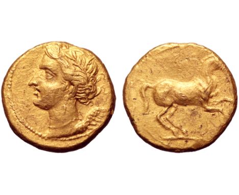 Carthaginian Spain, Barcid Dominion AV Stater. Uncertain mint, circa 229-221 BC. Laureate bust of Nike left, wearing earring 