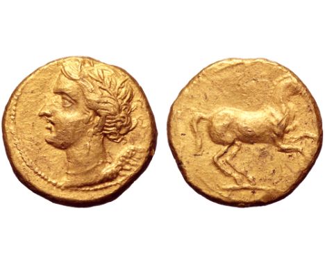 Carthaginian Spain, Barcid Dominion AV Stater. Uncertain mint, circa 229-221 BC. Laureate bust of Nike left, wearing earring 