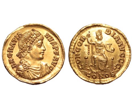 Gratian AV Solidus. Constantinople, AD 380. D N GRATIANVS P F AVG, pearl-diademed, draped and cuirassed bust right / CONCORDI