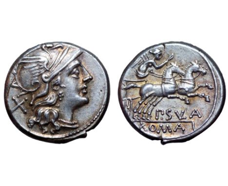 P. Cornelius Sulla AR Denarius. Rome, circa 151 BC. Head of Roma right, wearing winged helmet ornamented with griffin’s head;