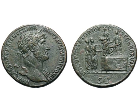 Hadrian Æ Sestertius. Rome, AD 119-122. IMP CAESAR TRAIANVS HADRIANVS AVG PM TR P COS III, laureate bust right, drapery on fa