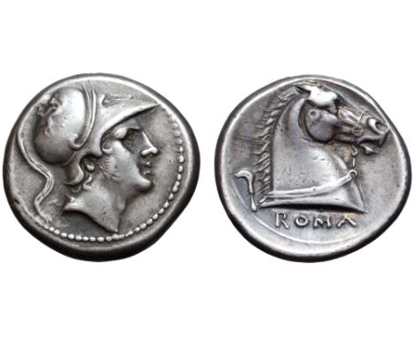 Anonymous AR Didrachm. Rome, circa 240 BC. Head of Mars right, wearing Corinthian helmet adorned with griffin / Horse's head 