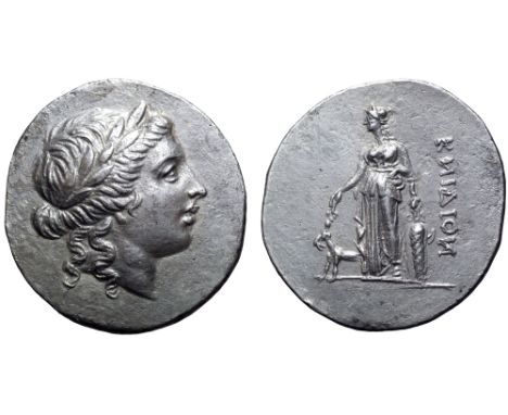 Karia, Knidos AR Tetradrachm. Circa 200 BC. Head of Apollo right, wearing laurel wreath / Artemis Hyakinthotrophos standing f