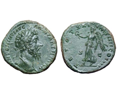 Marcus Aurelius Æ Sestertius. Rome, AD 166-167. M ANTONINVS AVG ARM PARTH MAX, laureate head right / TR POT XXI IMP IIII COS 