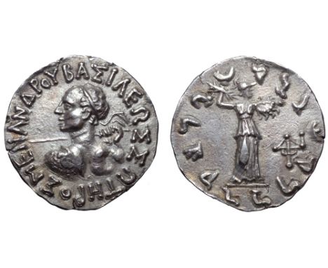 Indo-Greek Kingdom, Menander I Soter AR Drachm. Circa 155-130 BC. Diademed bust left, wielding spear, aegis on shoulder; ΒΑΣΙ