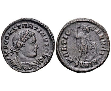 Constantine I BI Nummus. London, circa late AD 309. IMP CONSTANTINVS AVG, laureate and cuirassed bust right / MARTI CO-N-SERV