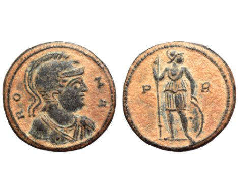 Commemorative Series Æ Nummus. Struck under Constantius II and Constans in Rome, AD 348. ROMA, helmeted and draped bust of Ro