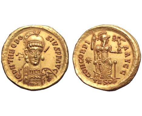 Theodosius II AV Solidus. Thessalonica, AD 408-420. D N THEODOSIVS P F AVG, pearl-diademed, helmeted, and cuirassed bust faci