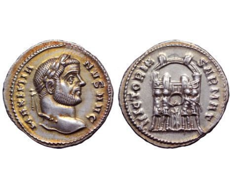 Maximian AR Argenteus. Ticinum, AD 295. MAXIMIANVS AVG, laureate head right / VICTORIA SARMAT, the four tetrarchs sacrificing