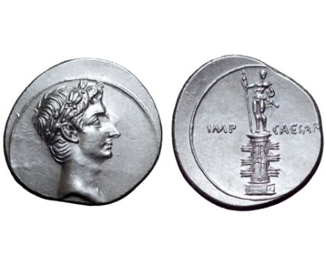 Octavian AR Denarius. Italian mint (Rome?), autumn 30 - summer 29 BC. Laureate head right / Rostral column ornamented with tw