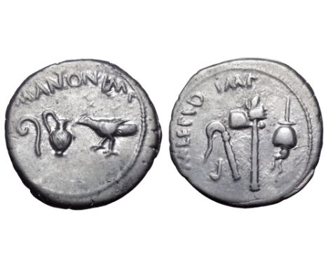 Marc Antony and M. Lepidus AR Denarius. Gallic mint, 43-42 BC. Lituus, jug and raven; M•ANTON•IMP above / Simpulum, aspergill