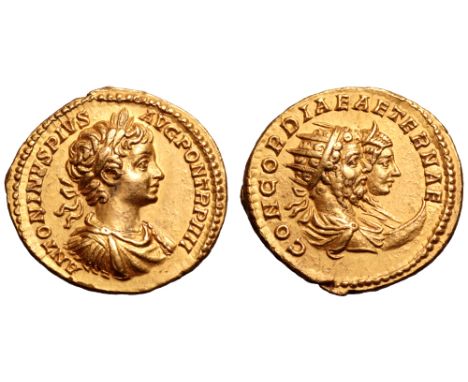 Caracalla AV Aureus. Rome, AD 201. ANTONINVS PIVS AVG PON TR P IIII, laureate, draped and cuirassed bust right / CONCORDIAE A