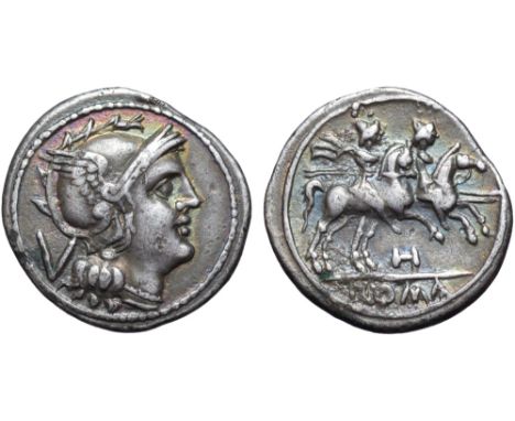 Anonymous AR Quinarius. South East Italian mint, 211-210 BC. Head of Roma right, wearing winged helmet ornamented with griffi