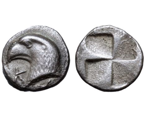 Aeolis, Kyme AR Hemiobol. Circa 450-400 BC. Head of eagle left; K to left / Quadripartite incuse square. SNG Ashmolean -; SNG