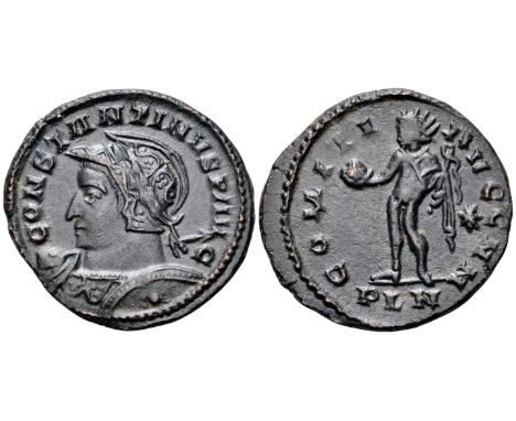 Constantine I BI Nummus. London, circa AD 311-312. CONSTANTINVS P AVG, laureate, helmeted and cuirassed bust left, holding sp