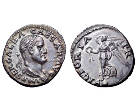 Galba AR Denarius. Rome, July 68 - January 69. IMP SER GALBA CAESAR AVG, laureate and draped bust right / VICTORIA P R, Victo