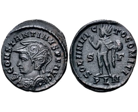 Constantine I BI Nummus. London, circa AD 314. CONSTANTINVS P F AVG, helmeted and cuirassed bust left, holding spear and shie