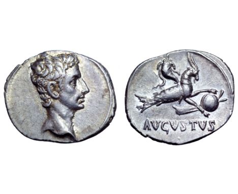 Augustus AR Denarius. Spanish mint (Colonia Patricia?), July 18-17/16 BC. Bare head right / Capricorn right, holding globe at