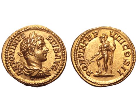 Caracalla AV Aureus. Rome, AD 205. ANTONINVS PIVS AVG, laureate, draped and cuirassed bust right / PONTIF TR P VIII COS II, M