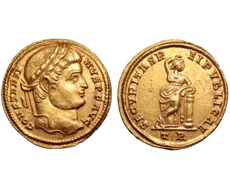 Constantine I AV Solidus. Treveri, AD 326. CONSTANTINVS P F AVG, laureate head right / SECVRITAS REIPVBLICAE, Securitas stand