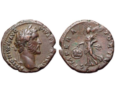 Antoninus Pius Æ As. Rome, AD 140-144. ANTONINVS AVG PIVS P P TR P COS III, laureate head right / IMPERATOR II, Victory advan