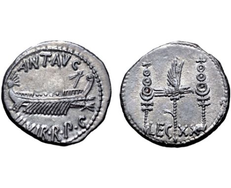 Marc Antony Legionary AR Denarius. Military mint moving with Antony, autumn 32 - spring 31 BC. ANT•AVG III•VIR•R•P•C, praetor